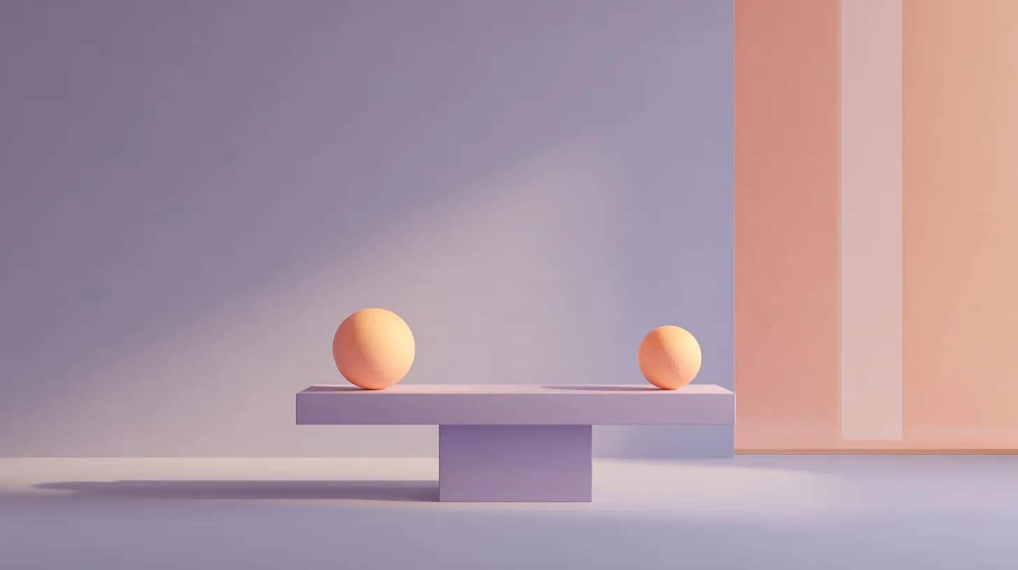 Abstract 3D render of two spheres resting on a plinth, suggesting an A/B comparison.