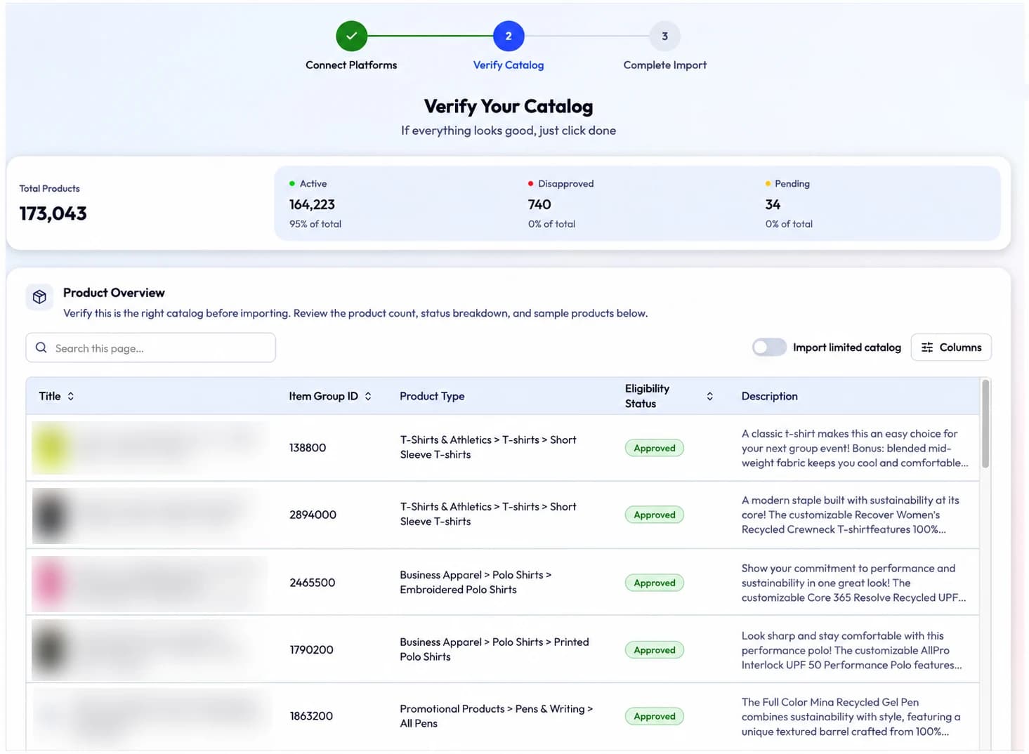 Lily Max onboarding catalog read: total, active, disapproved and pending product counts with a sample of records before any change.