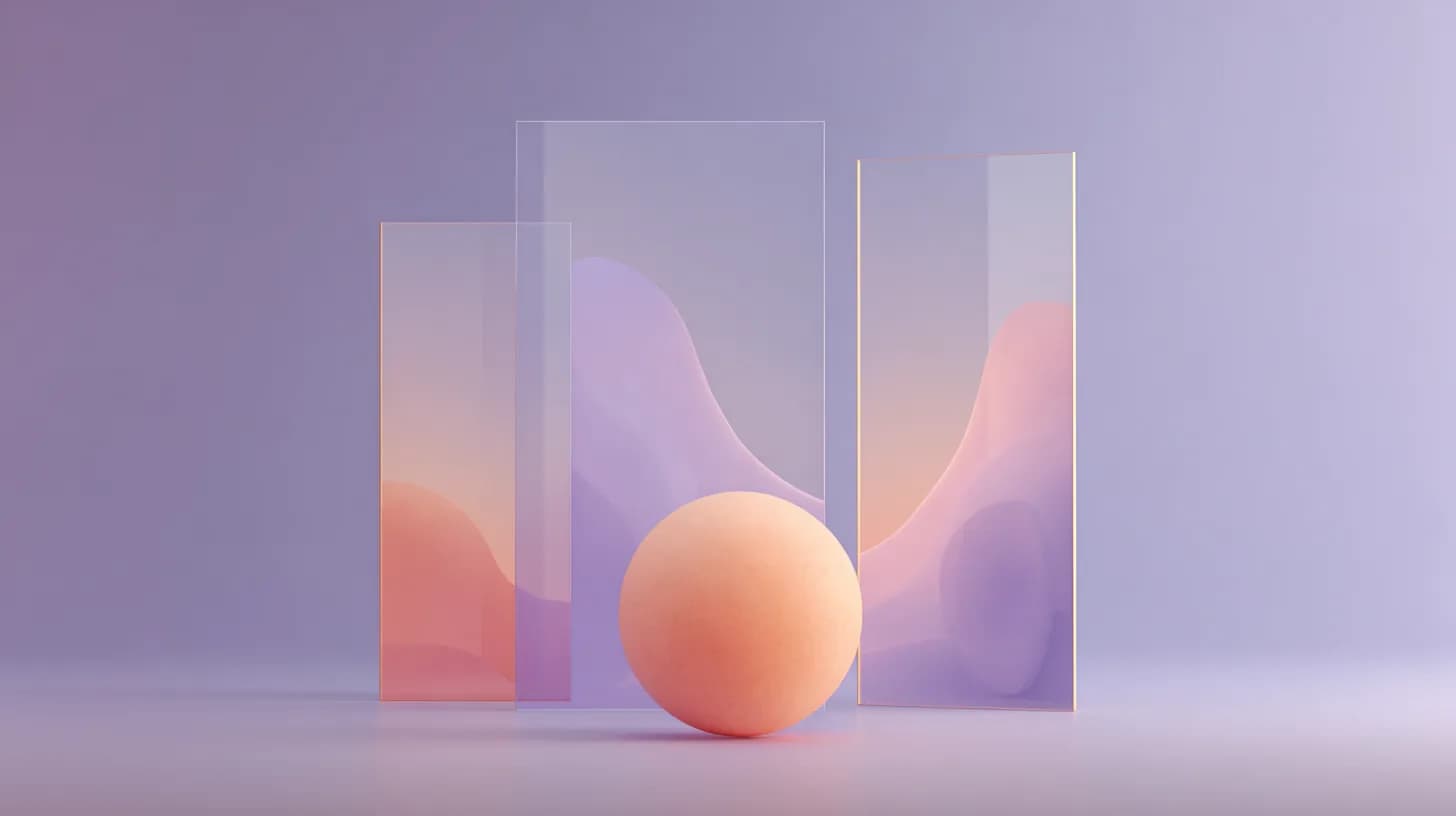 Abstract 3D render of three translucent panels around a single sphere, suggesting one record rendered for several surfaces.