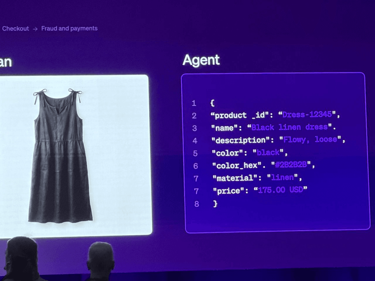 A Stripe Sessions slide contrasting what a human sees, a photo of a black linen dress, with what an agent sees: a JSON object with seven fields (product_id, name, description, color, color_hex, material, price).
