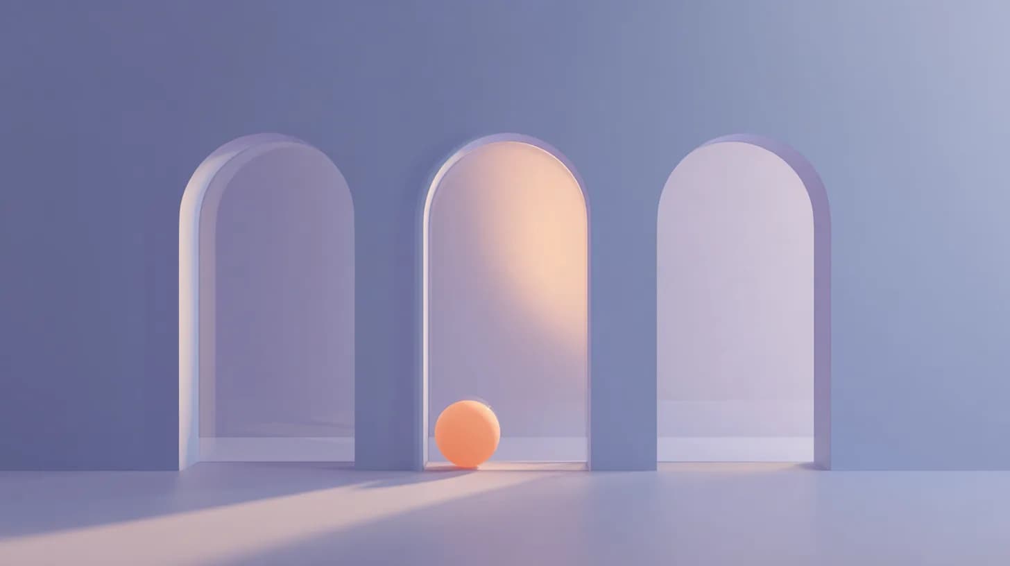 Abstract 3D render of three arched alcoves with a single glowing sphere in the centre one.