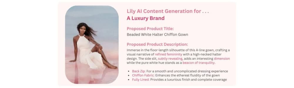 A luxury dress with copy from our AI product description generator