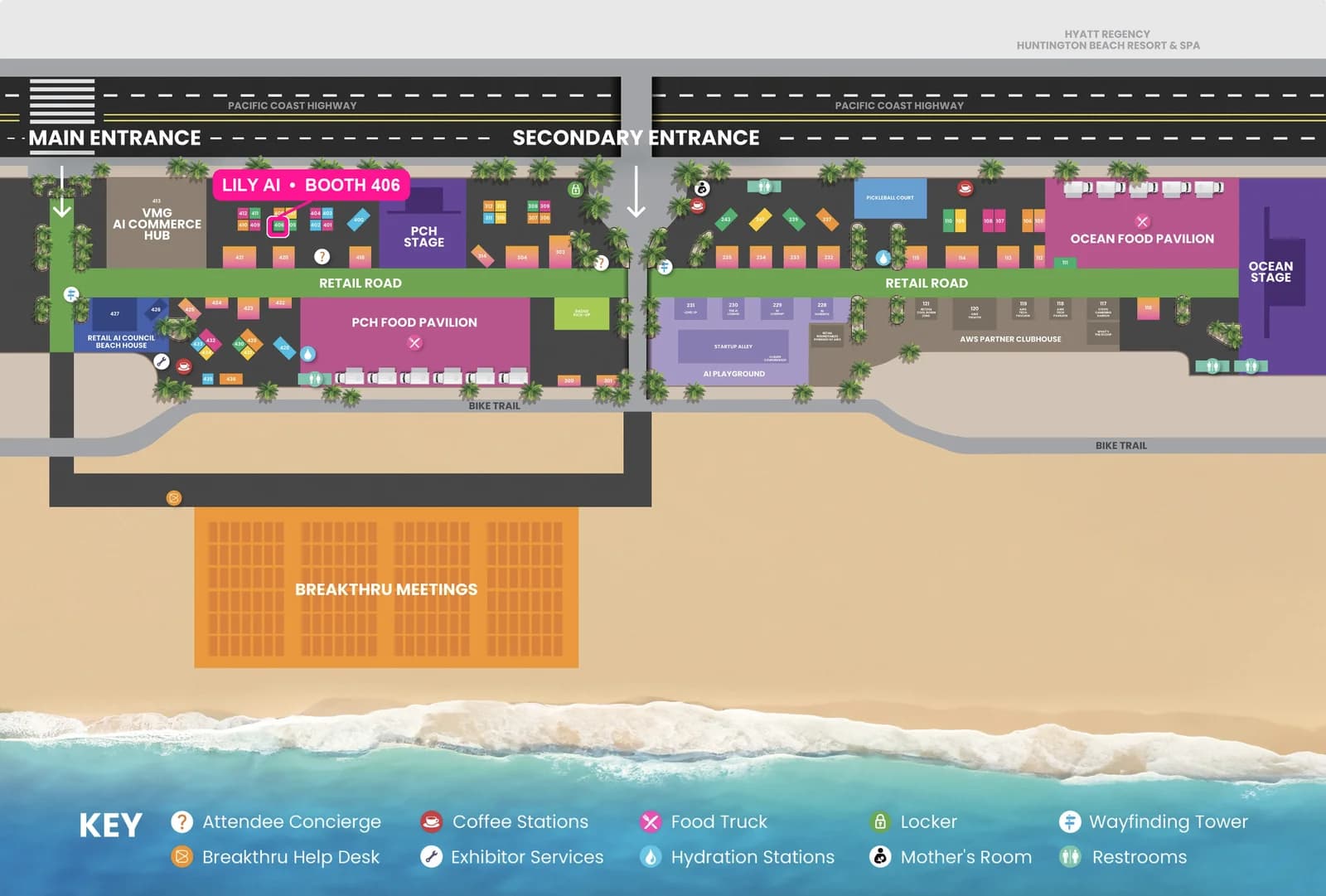 RetailClub AI Festival boardwalk map at the Hyatt Regency Huntington Beach. Lily AI is highlighted at booth 406, in the 400s cluster near the main entrance.