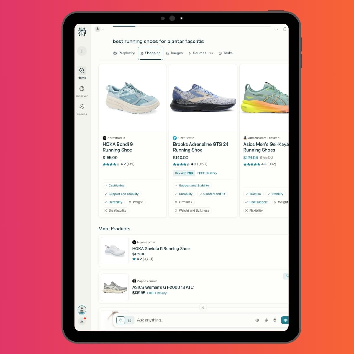 Example of AEO with a prompt on Perplexity displaying a shopping image of shoes to choose from.