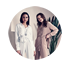 Two fashion models posing in neutral loungewear sets.