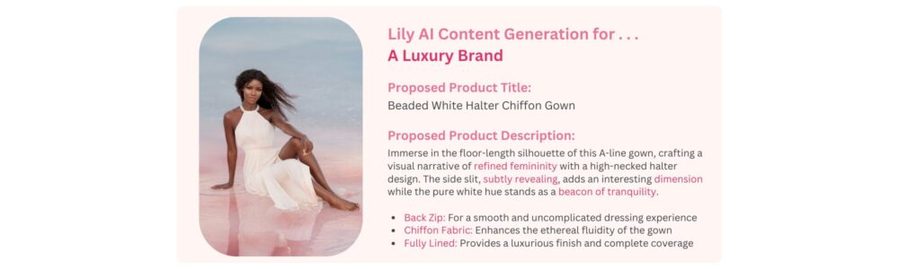 A luxury dress with copy from our AI product description generator